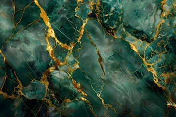 Luxurious emerald green polished marble surface dotted with golden veins, creative abstract background. - obrazy, fototapety, plakaty