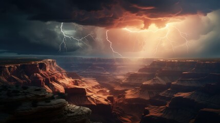 Bright lightning strike in Grand Canyon in a thunderstorm at night. - Powered by Adobe