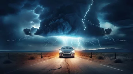 Fotobehang A car driving on highway with bright lightning strike in a thunderstorm at night. © rabbit75_fot