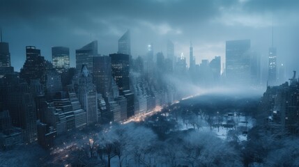 High angle view of a large city with snow and fog in winter.