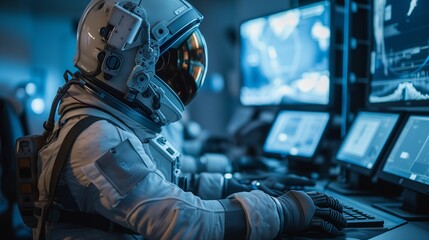 Astronauts perform duties on spacecraft. - obrazy, fototapety, plakaty
