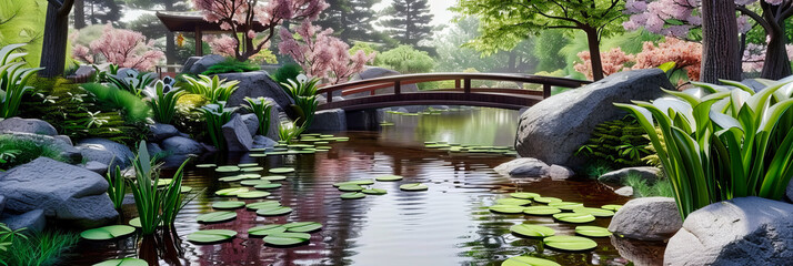 Tranquil Japanese Garden Scene with a Wooden Bridge Over a Pond, Spring Flowers, and Zen Rocks