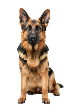 Isolated brown German Shepherd dog sits and looking at camera.