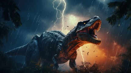 Dinosaur stands in lightning storm in prehistoric environment. Photorealistic.