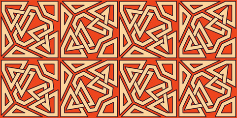 Geometric shape, Islamic seamless pattern, detailed motif inspired by Moroccan mosaics and arabesque art, a modern and unique Islamic ornament, triangle background, orange and beige color