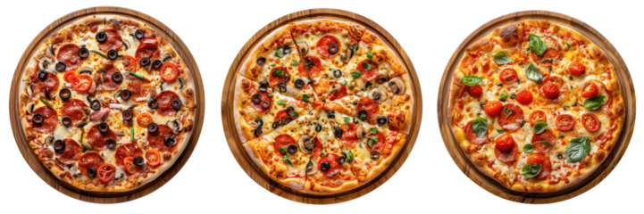 Collection of circle pizza on wood pan top view transparent background