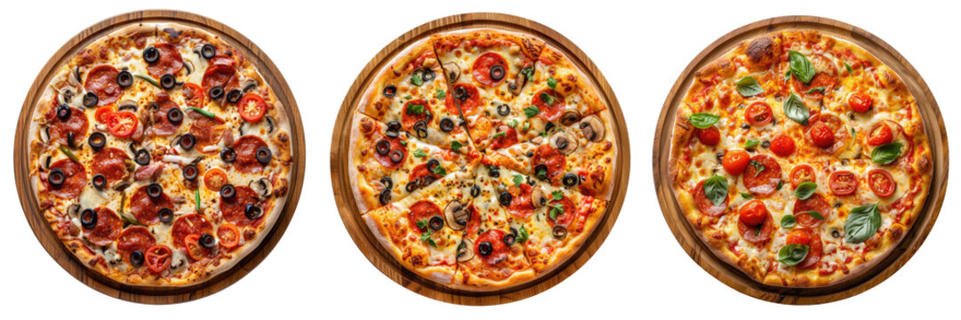 Collection of circle pizza on wood pan top view transparent background