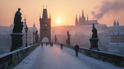 Charles bridghe with beautiful historical buildings at sunrise in winter in Prague city in Czech...
