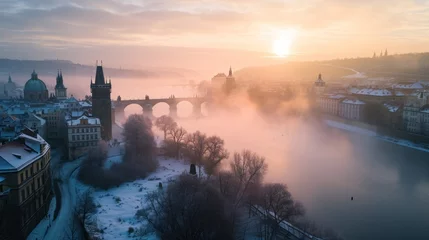 Papier Peint photo Lavable Matin avec brouillard Charles bridghe with beautiful historical buildings at sunrise in winter in Prague city in Czech Republic in Europe.