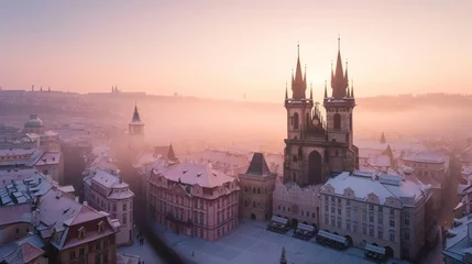 Foto op Canvas Beautiful historical buildings in winter with snow and fog in Prague city in Czech Republic in Europe. © rabbit75_fot