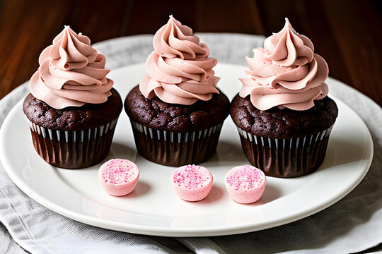 A cute image that depicts three chocolate cupcakes with pink icing