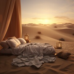 illustration of a bed covered in a dunes in the desert in the style, Generative ai