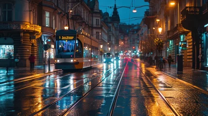 Deurstickers A tram at night in the street of Prague. Czech Republic in Europe. © rabbit75_fot