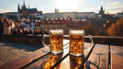 Beer mug with beer on table in a sunny day and beautiful historical buildings of Prague city in...