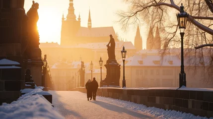  A winter morning and a couple walking on Charles Bridge with snow and historic buildings in the city of Prague, Czech Republic in Europe. © rabbit75_fot