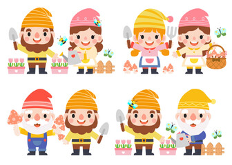 Garden Gnome and Woman cartoon, Gardening and Spring, Garden tools and decor collection