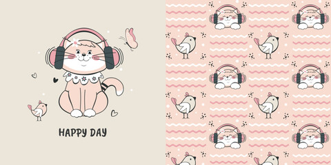 A children's seamless pattern with a funny bird and a cute kitty in headphones listening to music. Vector design for baby bedding, fabric, wallpaper, wrapping paper and more. - obrazy, fototapety, plakaty