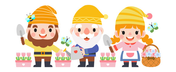 Garden Gnome and Woman cartoon, Gardening and Spring, Garden tools and decor collection