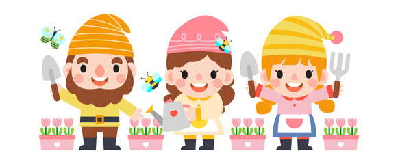 Garden Gnome and Woman cartoon, Gardening and Spring, Garden tools and decor collection