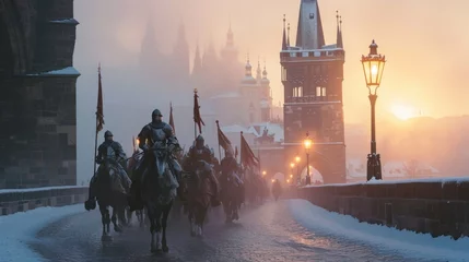 Gordijnen A team of medieval cavalry in armor on horseback marching in Prague city in Czech Republic in Europe. © rabbit75_fot