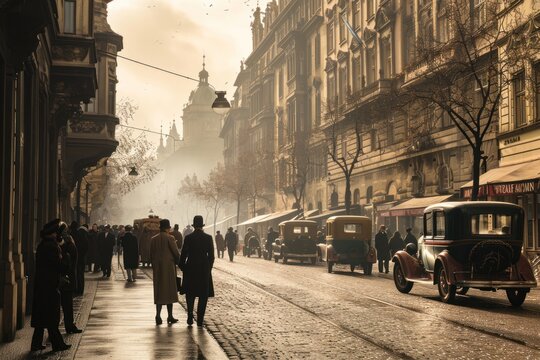 Historical street view of Prague City in 1930's. Czech Republic in Europe.