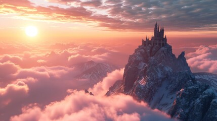 Misty mountain with a medieval castle on top. Fantasy and adventure concept.