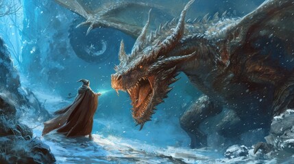 A wizard fight a powerful dragon. - obrazy, fototapety, plakaty