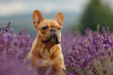 Foto auf Acrylglas Brown french bulldog dog sitting in a field of purple lavender © Тамара Печеная