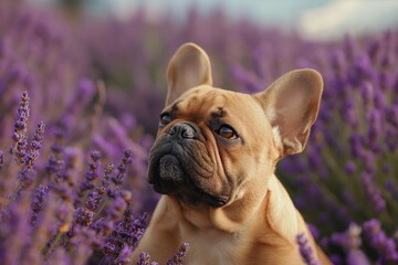 Brown french bulldog dog sitting in a field of purple lavender