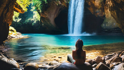 Joy of discovery with an image of a traveler in beautiful landscapes and places 16:9 with copy space