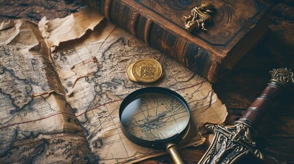 Medieval theme background with dagger, vintage map on table.