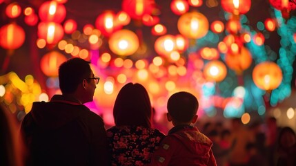 A happy family in lantern festival in street to celebrate Chinese lunar new year. - obrazy, fototapety, plakaty
