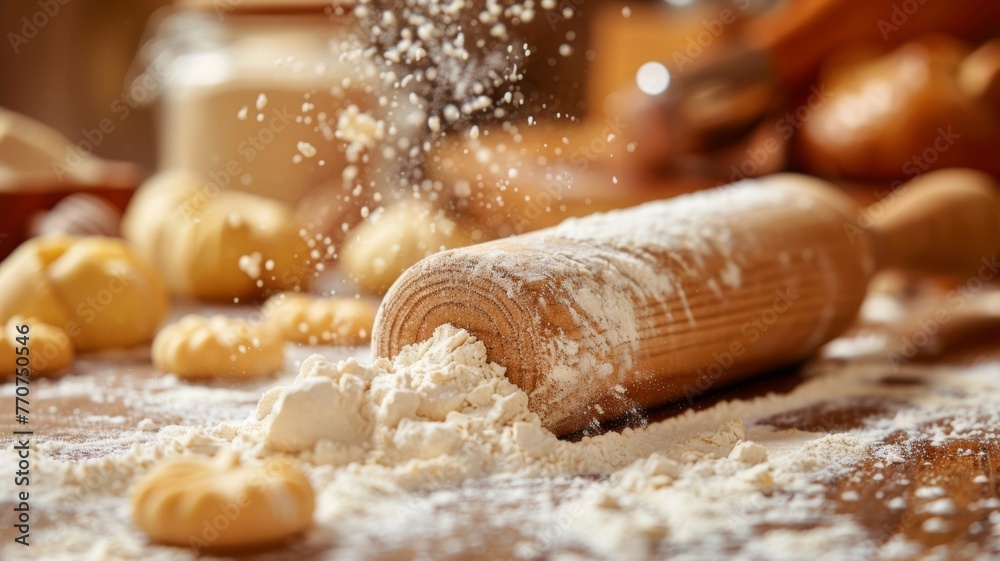 Wall mural baker's rolling pin and dough on a flour-dusted counter, artisanal creation