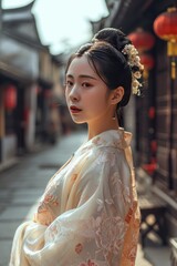 Naklejka premium Beautiful lady dressed in traditional Hanfu clothing during Chinese lunar new year.