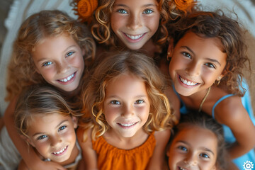 Obraz premium Group of happy children smiling, embracing and looking at camera. Copy space