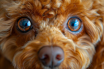 Retrato macro de los ojos de un perro caniche marrón. - obrazy, fototapety, plakaty