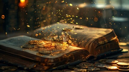 Book of ancient wisdom flipping pages, coins and contracts fly
