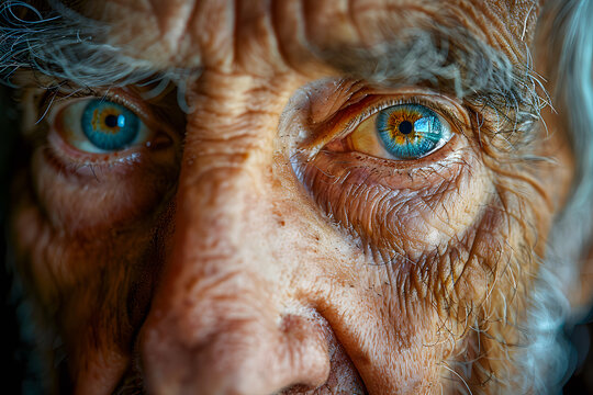 Mirada con expresión de un abuelo con ojos azules.Close-up.