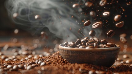Coffee beans spilling out next to a steaming cup of espresso, awakening - obrazy, fototapety, plakaty