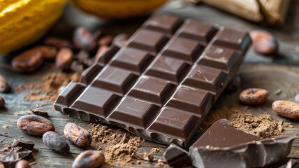 Cocoa fruit split open with a chocolate bar resting beside it, origins revealed