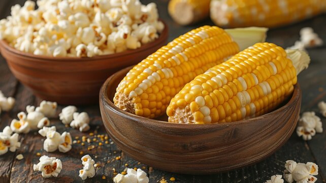 Corn on the cob beside a bowl of popcorn, movie night's precursor