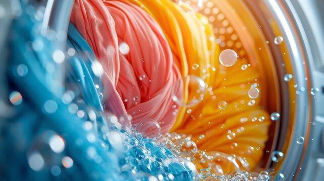 Colorful clothes swirling in washing machine, soap bubbles