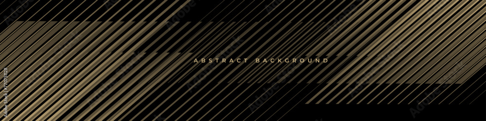 Poster Black abstract modern background with golden stripes. Futuristic technology concept banner design. Vector illustration horizontal wide background with gold geometric lines pattern.