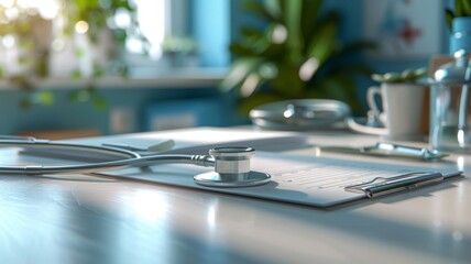 Doctor's stethoscope and clipboard on a hospital desk, care in action