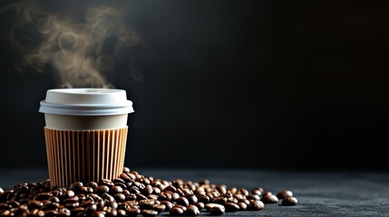 Close-up view of a cup of coffee and coffee beans on table.