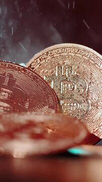 Bitcoin BTC coin and Ethereum ETH coins are rotating with 100 dollars bills. Digital crypto coin and cryptocurrency. Concept of exchange market and online trading. Trading in bull and bear markets