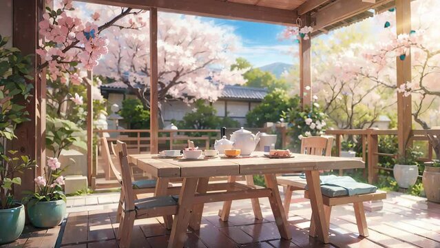 Serene looping video capturing the tranquil ambiance of a Japanese-style restaurant, featuring dining tables and a beautifully landscaped garden in Japan.
