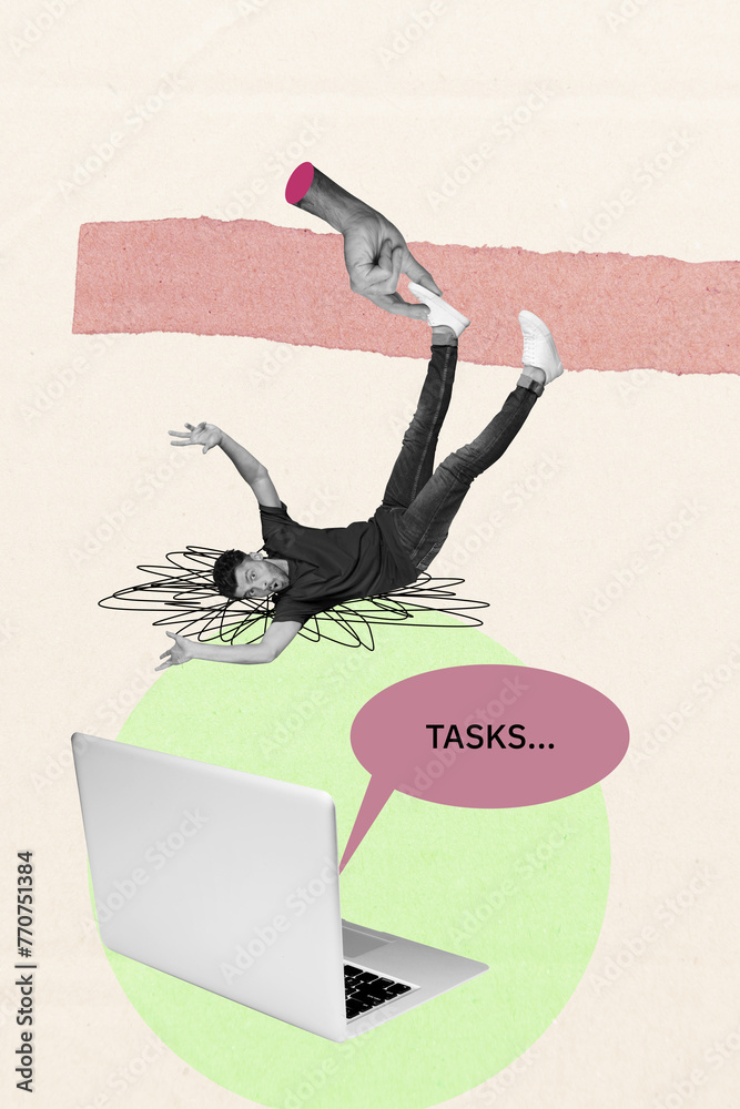 Aufkleber Creative retro 3d magazine collage image of impressed guy having many deadline working tasks isolated beige color background