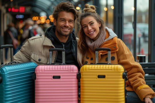 Smiling couple at airport, eagerly awaiting international departure with suitcases.