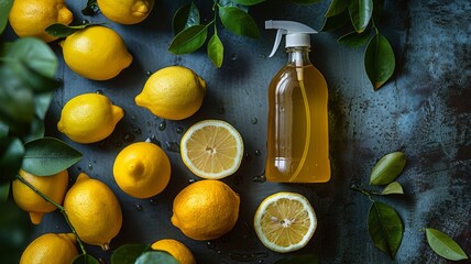Lemons and a bottle of lemon cleaner, natural cleanse